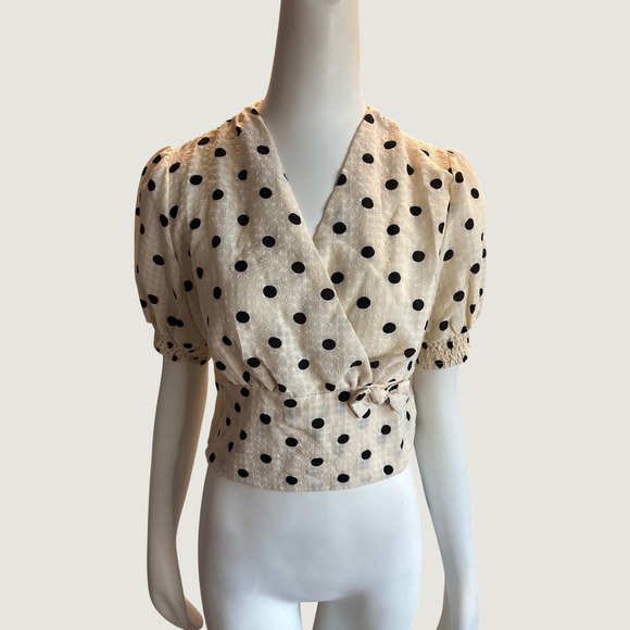 Retro Stage Tops - Retro Stage Cream Black Polka Dot Wrap Top Short Puff Sleeve Blouse Large NWT